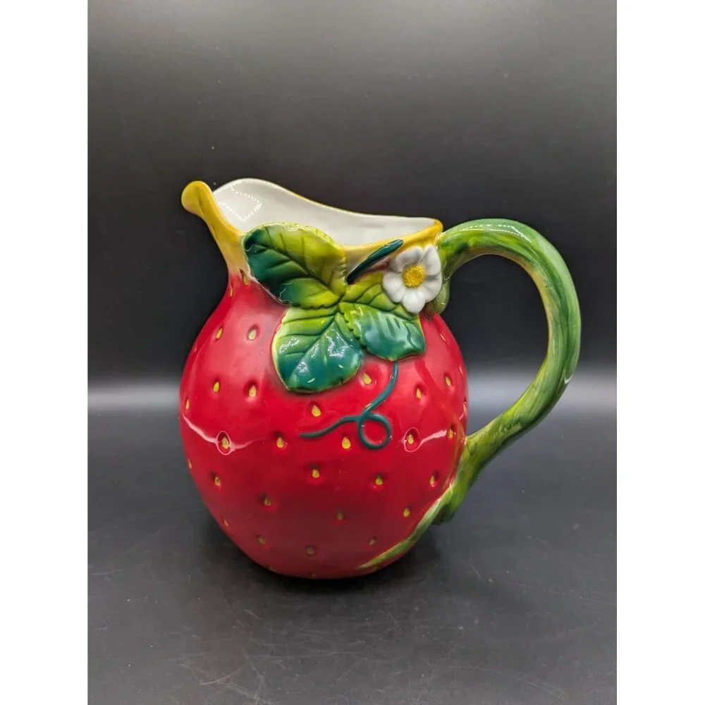 Sur La Table Ceramic Strawberry Shaped Pitcher Water Lemonade Red Green 7.5
